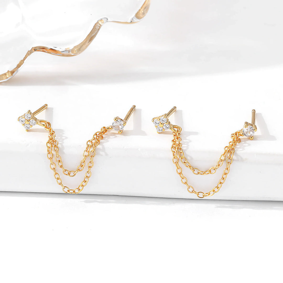 Valantomode | Gold Plated S925 Sterling Silver Mica Link Earrings with Asymmetric Chain Architecture