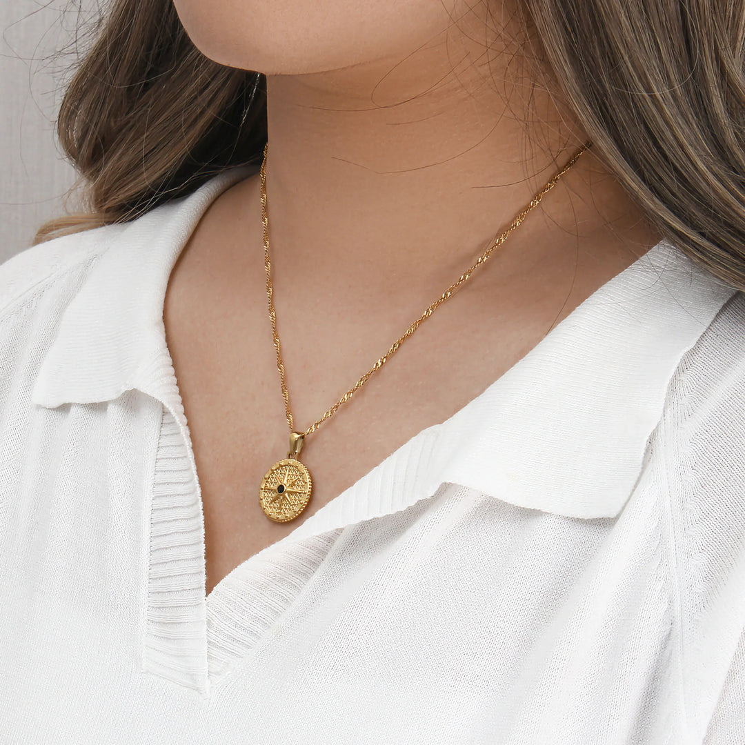 Valantomode | Plated Cartographic Compass Pendant Necklace with Helical Twist Chain