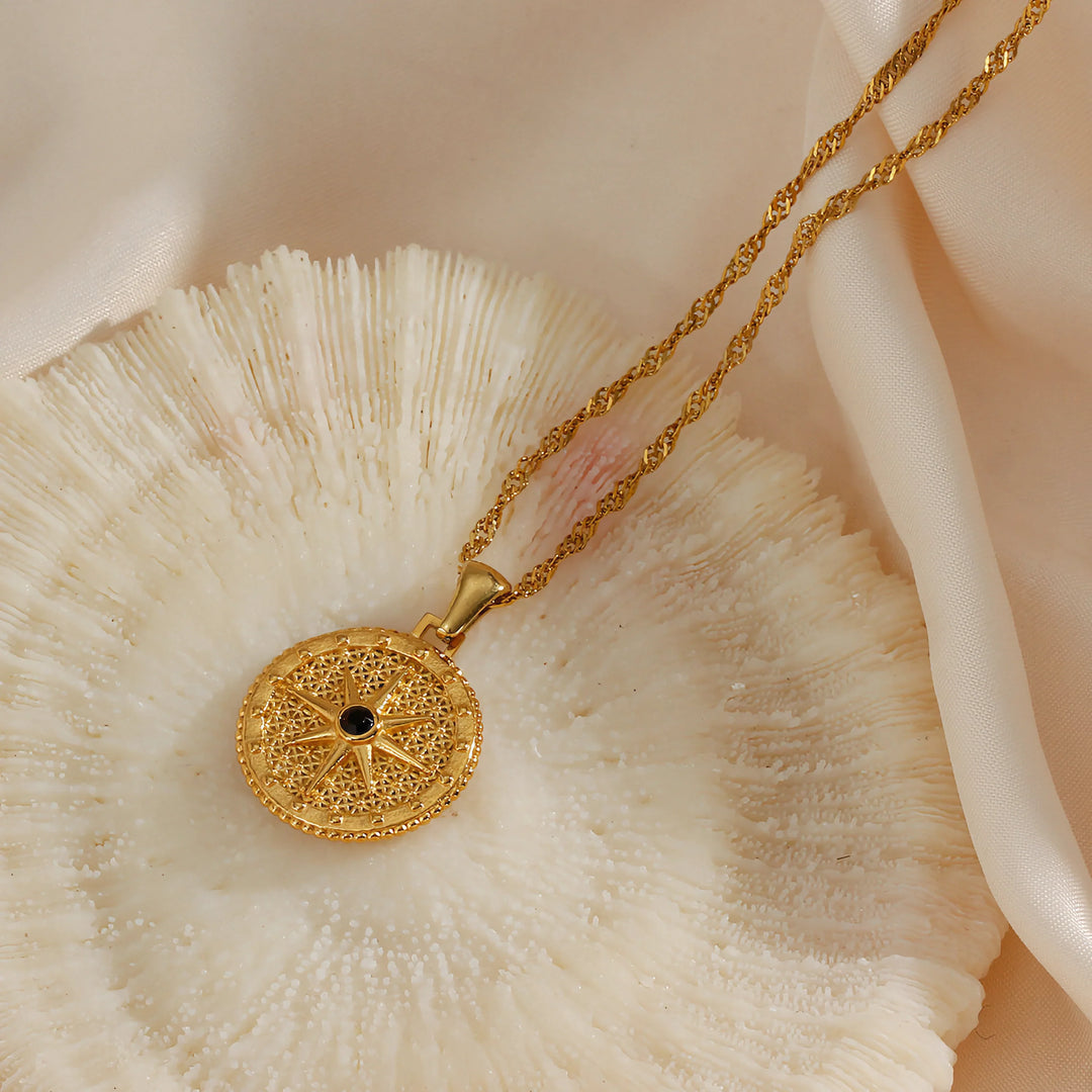 Valantomode | Plated Cartographic Compass Pendant Necklace with Helical Twist Chain