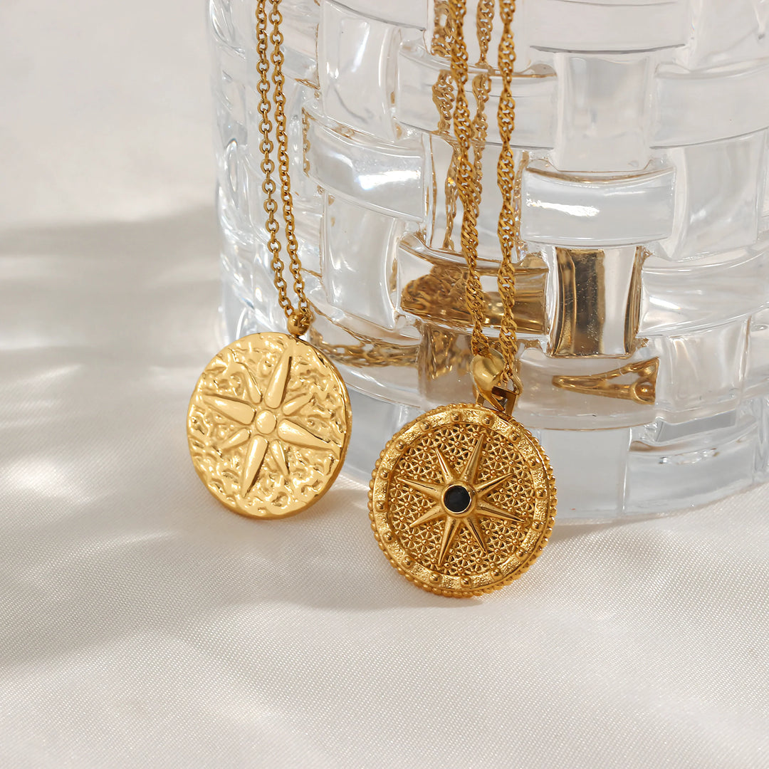 Valantomode | Plated Cartographic Compass Pendant Necklace with Helical Twist Chain