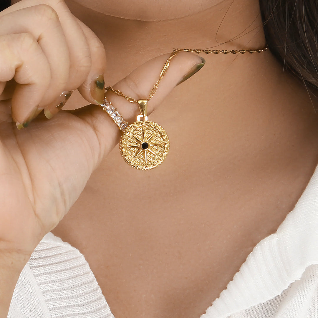 Valantomode | Plated Cartographic Compass Pendant Necklace with Helical Twist Chain