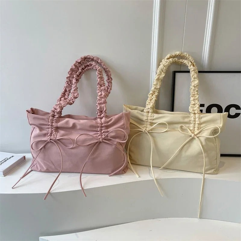 Valantomode | Luna Ribbon Kinetic Tote – Lightweight Adjustable Nylon Shoulder Bag with Ribbon Detail