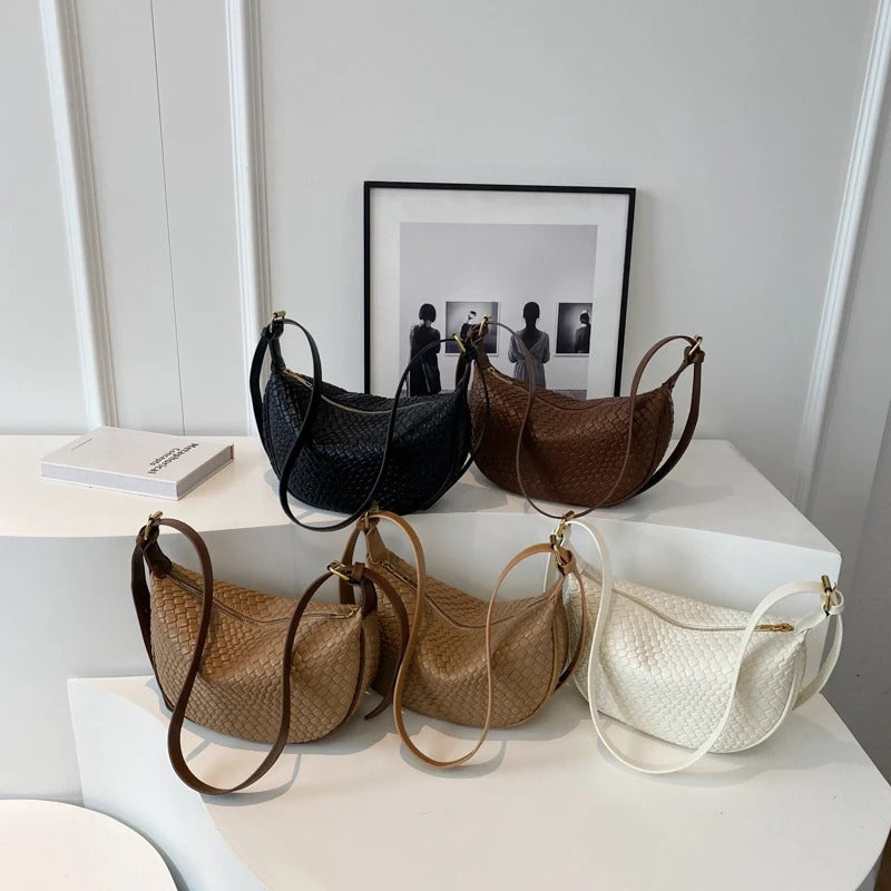 Valantomode | The Tesla Interlace Garrison – Women's Premium Braided Vegan Leather Half-Moon Handbag