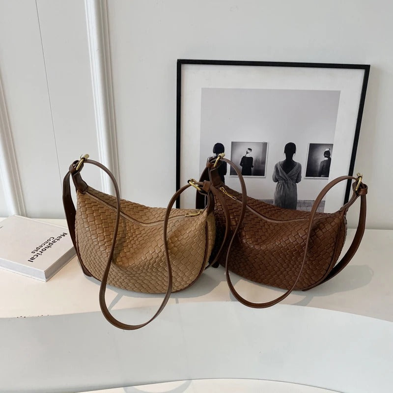 Valantomode | The Tesla Interlace Garrison – Women's Premium Braided Vegan Leather Half-Moon Handbag