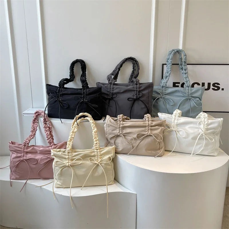 Valantomode | Luna Ribbon Kinetic Tote – Lightweight Adjustable Nylon Shoulder Bag with Ribbon Detail