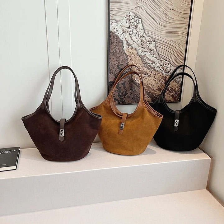 Valantomode | Velvet Nexus Cube – Compact Faux Suede Business Tote with Turn-Lock & Soft-Touch Handles