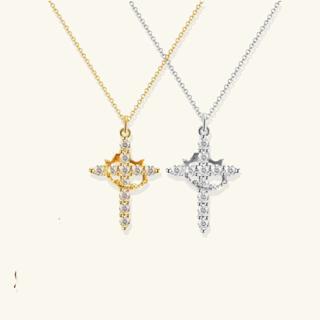 Valantomode | Plated Beatrix Crown and Cross Necklace with Cruciform Architecture and Refractive Assets