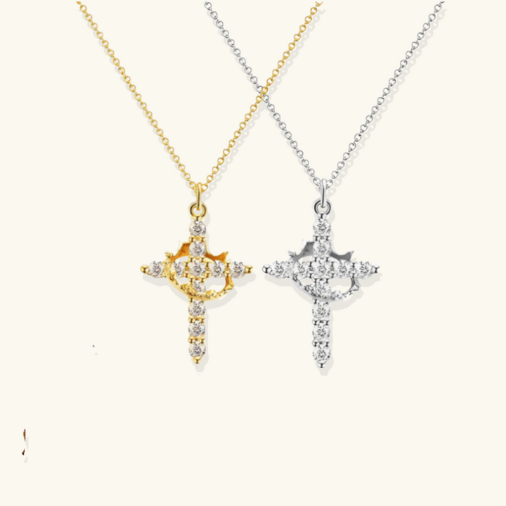 Valantomode | Plated Beatrix Crown and Cross Necklace with Cruciform Architecture and Refractive Assets