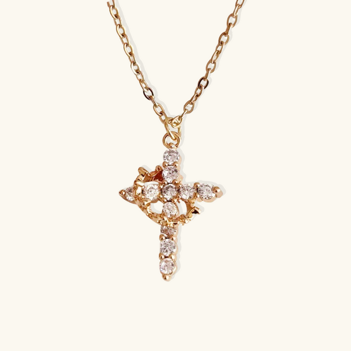 Valantomode | Plated Beatrix Crown and Cross Necklace with Cruciform Architecture and Refractive Assets