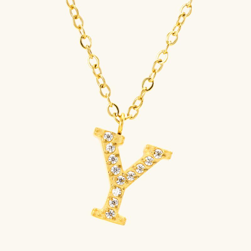 Valantomode | Plated Stainless Steel Typographic Necklace with Refractive Stone Asset