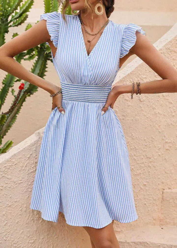 Valantomode | Chic A-Line Summer Dress with V-Neck and Puff Straps