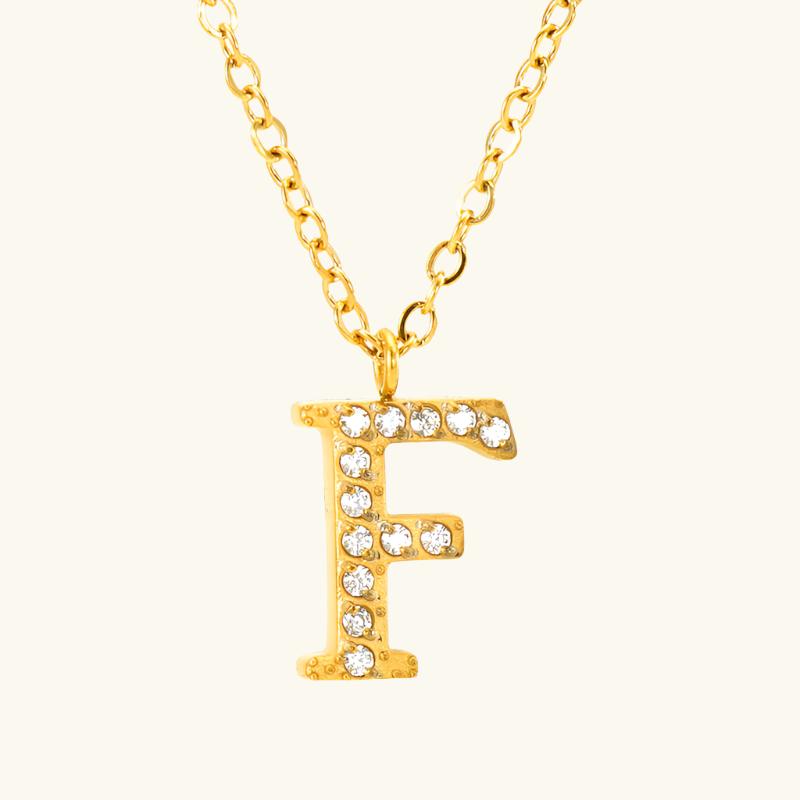 Valantomode | Plated Stainless Steel Typographic Necklace with Refractive Stone Asset