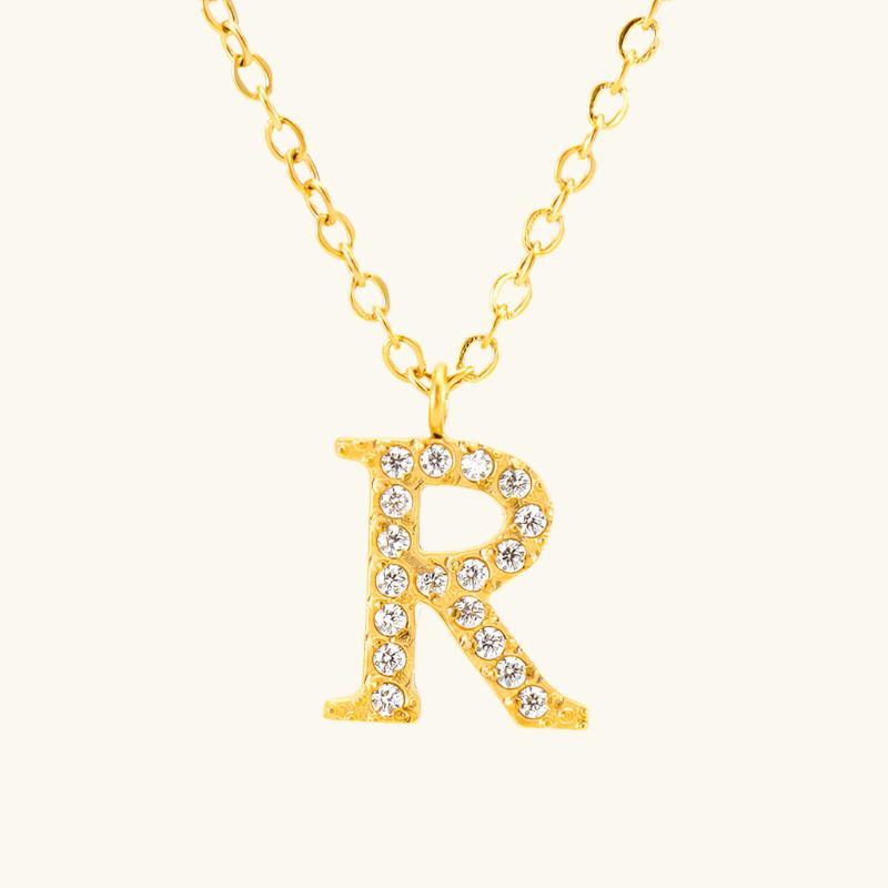 Valantomode | Plated Stainless Steel Typographic Necklace with Refractive Stone Asset