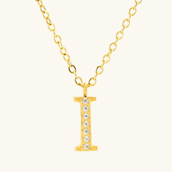 Valantomode | Plated Stainless Steel Typographic Necklace with Refractive Stone Asset