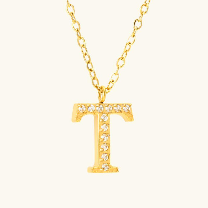 Valantomode | Plated Stainless Steel Typographic Necklace with Refractive Stone Asset