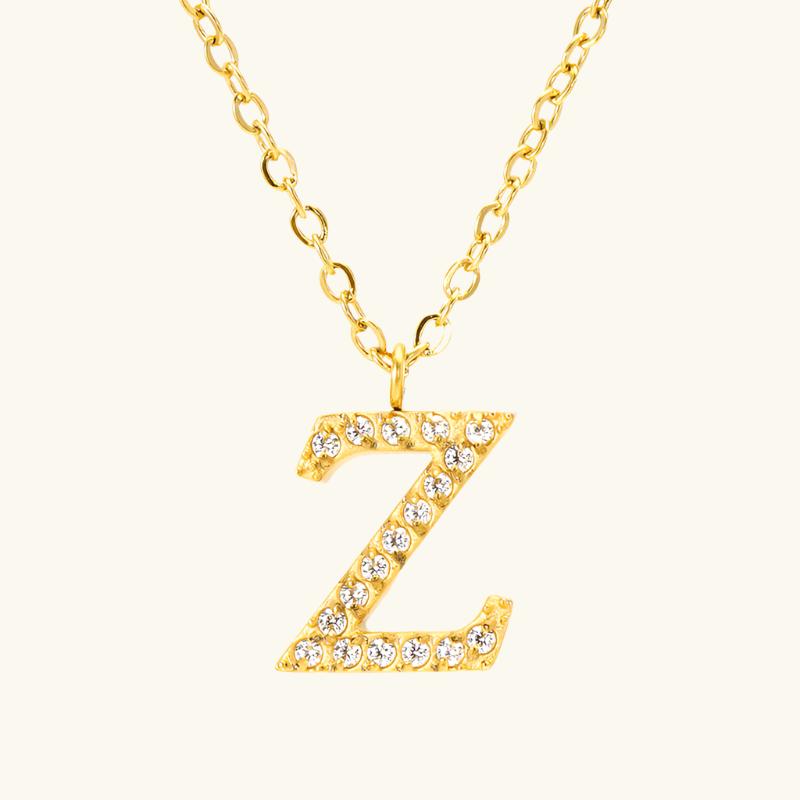 Valantomode | Plated Stainless Steel Typographic Necklace with Refractive Stone Asset