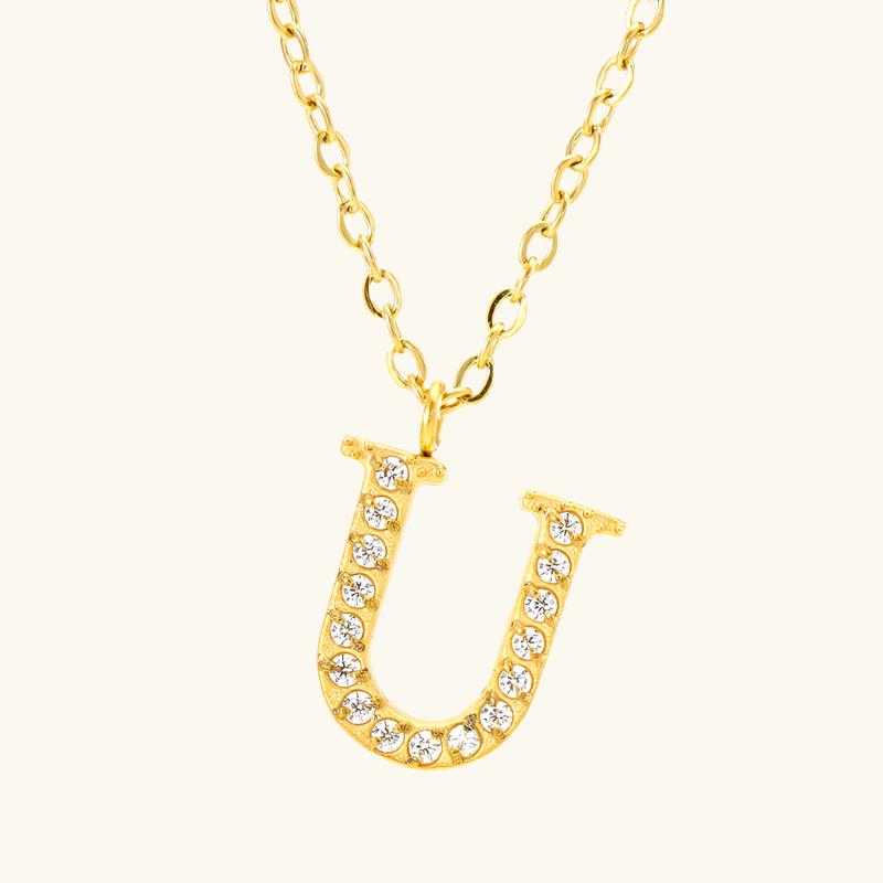 Valantomode | Plated Stainless Steel Typographic Necklace with Refractive Stone Asset