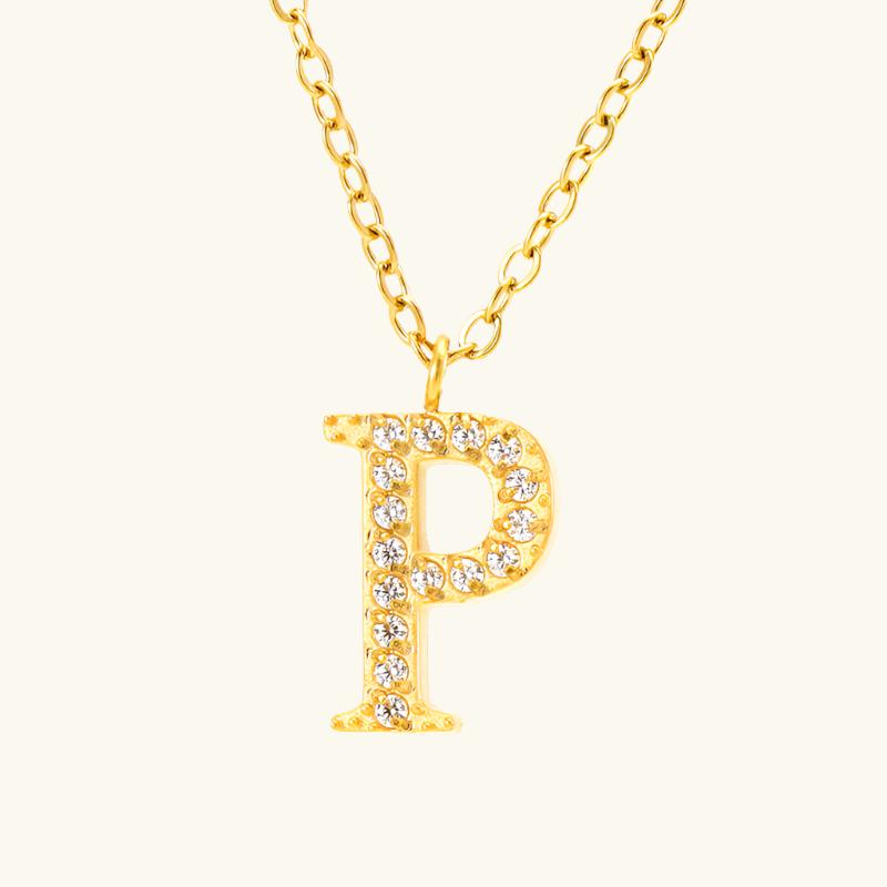 Valantomode | Plated Stainless Steel Typographic Necklace with Refractive Stone Asset