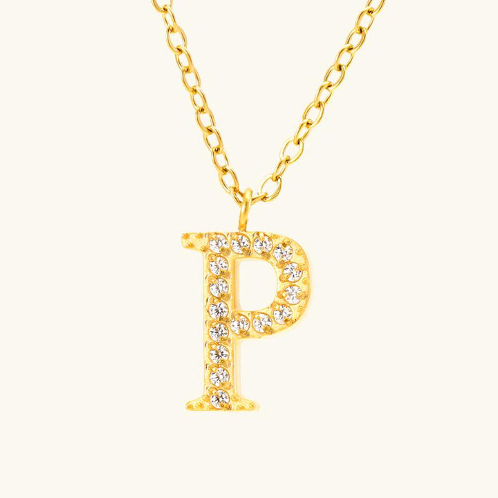 Valantomode | Plated Stainless Steel Typographic Necklace with Refractive Stone Asset