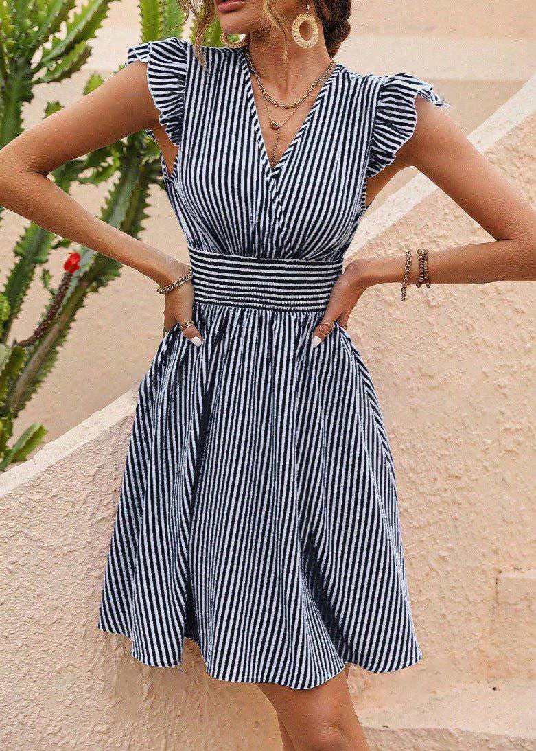 Valantomode | Chic A-Line Summer Dress with V-Neck and Puff Straps