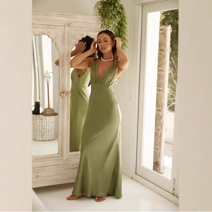 Valantomode | Elegant Lace V-Neck Maxi Dress for Timeless Style