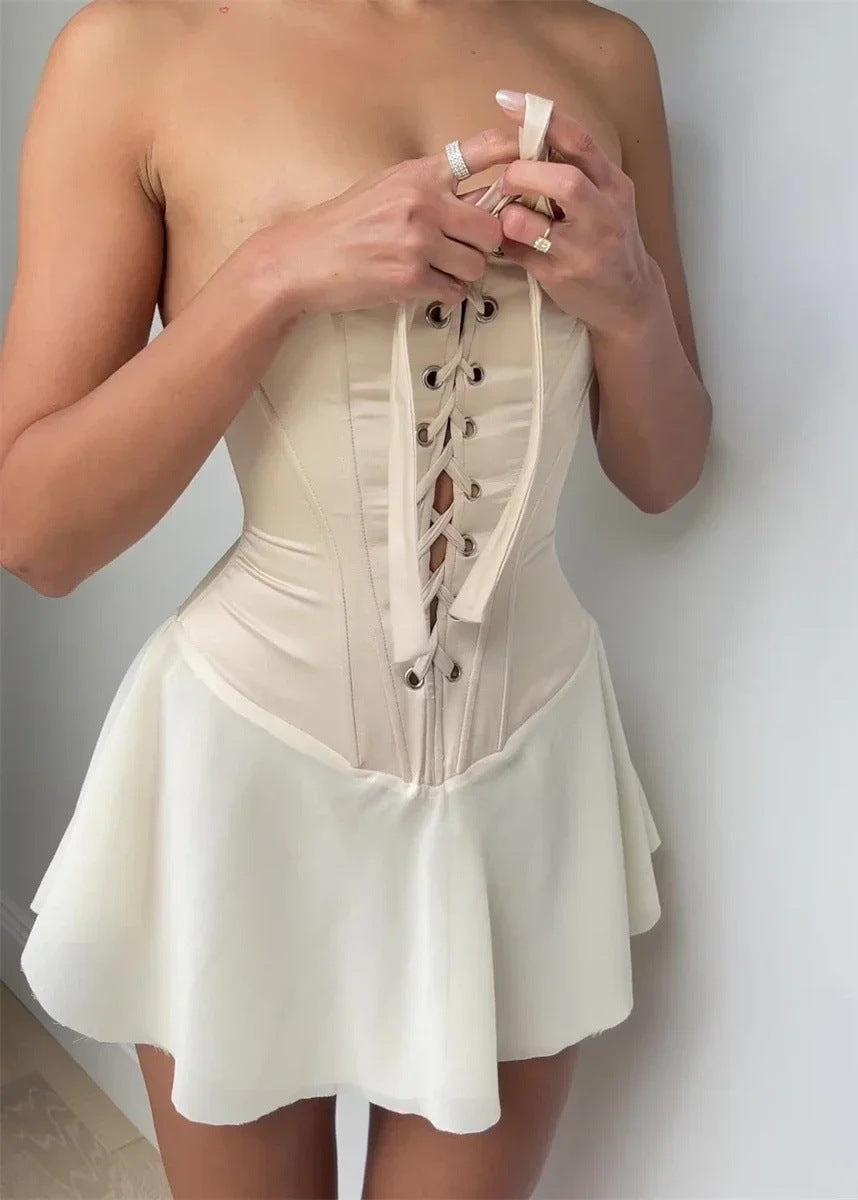 Valantomode | Beige Strapless Corset Dress for Effortless Elegance