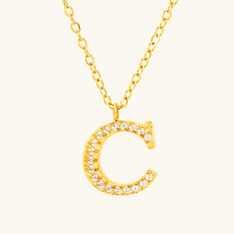 Valantomode | Plated Stainless Steel Typographic Necklace with Refractive Stone Asset