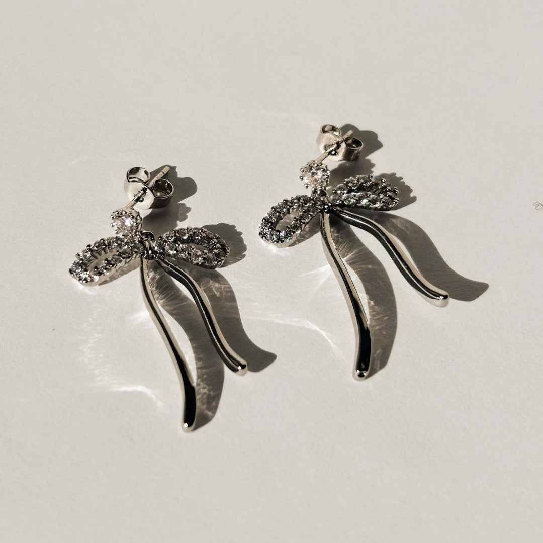 Valantomode | Plated Bow Motif Earrings with CZ Stones for Women