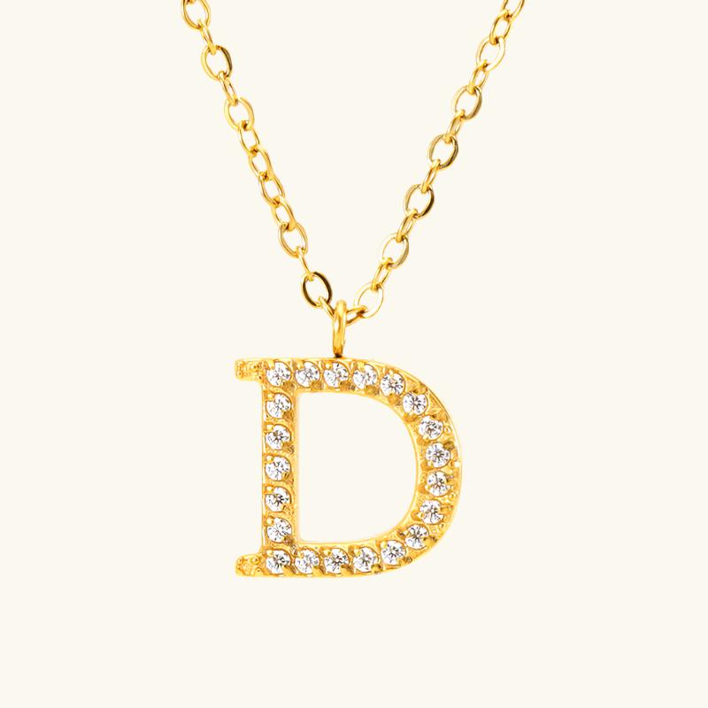 Valantomode | Plated Stainless Steel Typographic Necklace with Refractive Stone Asset