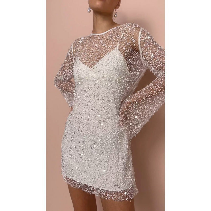Valantomode | Stylish Sequin Mini Dress with Sheer Mesh Accents