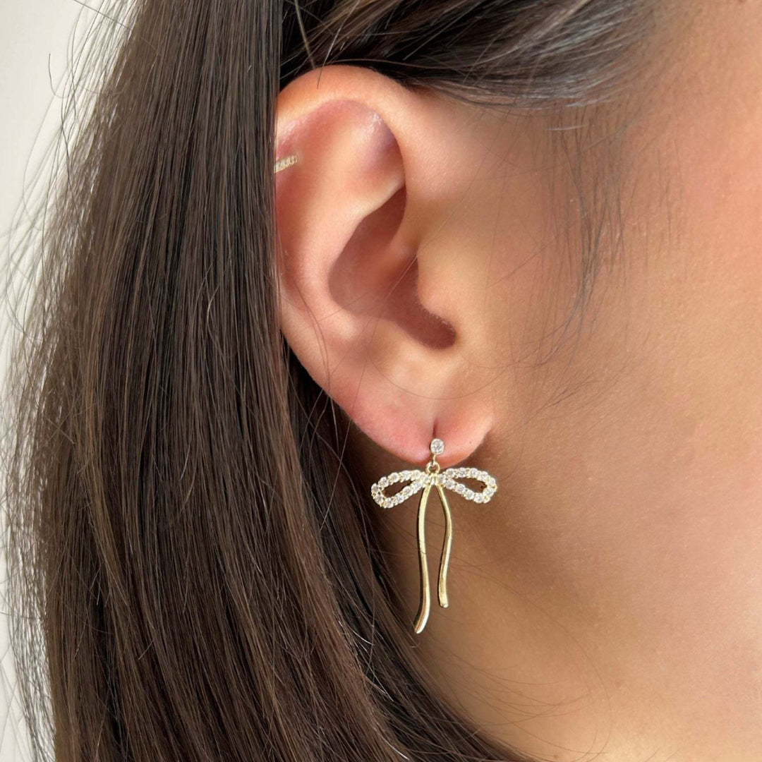 Valantomode | Plated Bow Motif Earrings with CZ Stones for Women