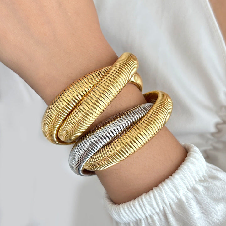 Valantomode | Plated Tricolor Twisted Bangle with Helical Intertwined Architecture