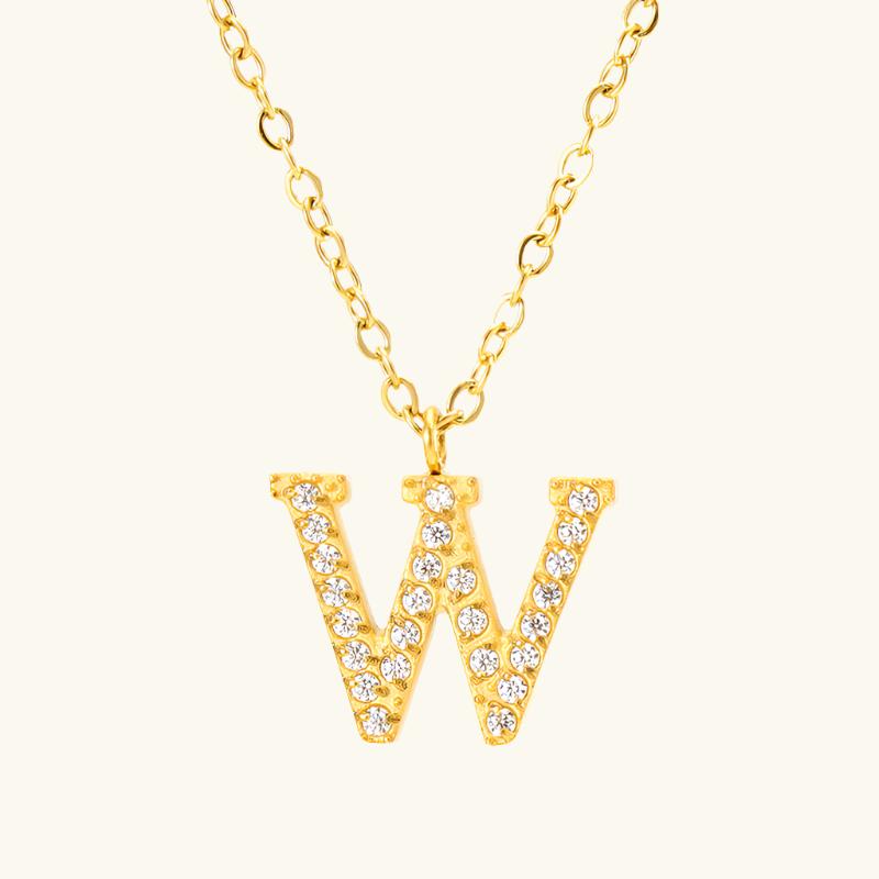 Valantomode | Plated Stainless Steel Typographic Necklace with Refractive Stone Asset