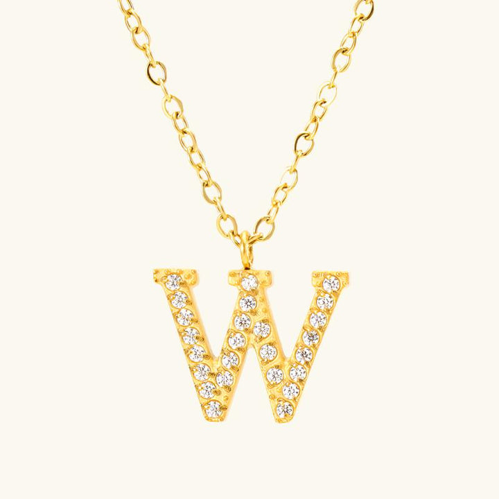 Valantomode | Plated Stainless Steel Typographic Necklace with Refractive Stone Asset