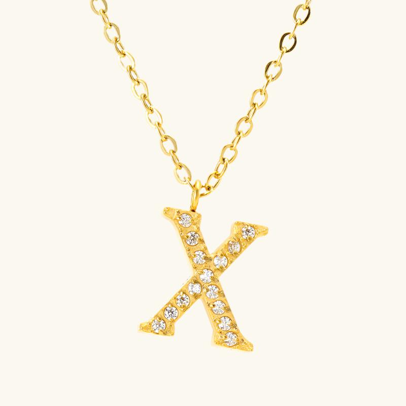 Valantomode | Plated Stainless Steel Typographic Necklace with Refractive Stone Asset