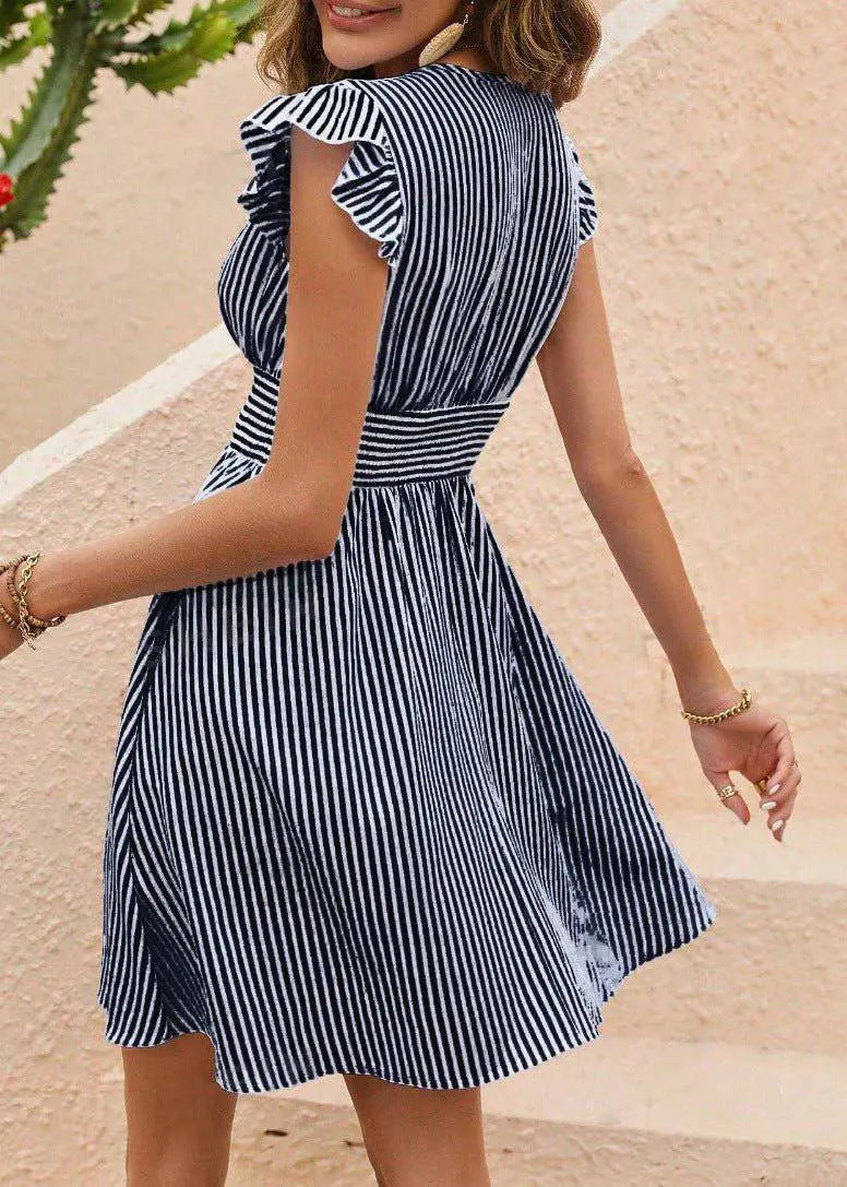 Valantomode | Chic A-Line Summer Dress with V-Neck and Puff Straps