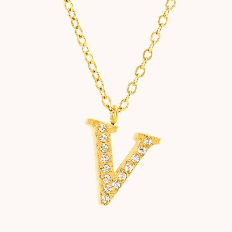 Valantomode | Plated Stainless Steel Typographic Necklace with Refractive Stone Asset