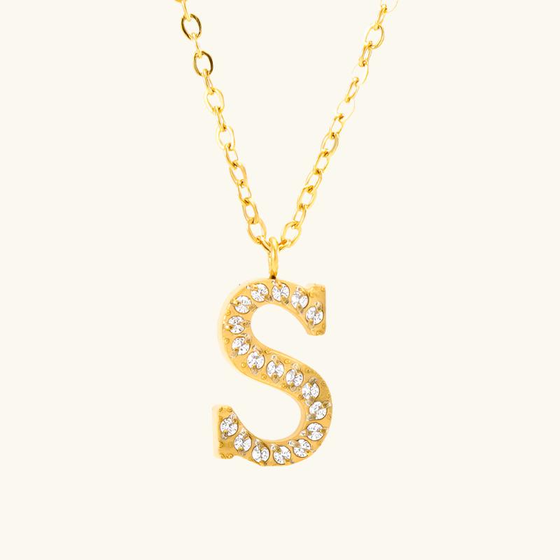 Valantomode | Plated Stainless Steel Typographic Necklace with Refractive Stone Asset