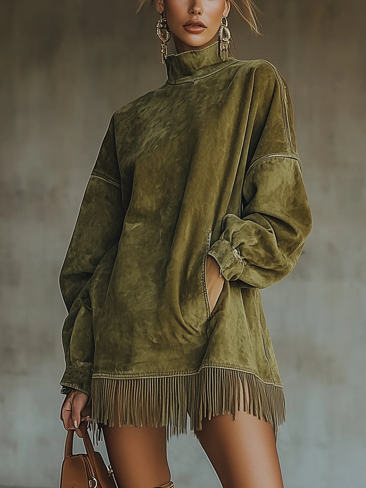 Valantomode | Chic Suede Dress with Turtleneck and Trendy Fringe