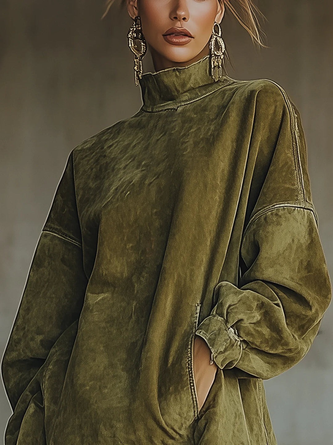 Valantomode | Chic Suede Dress with Turtleneck and Trendy Fringe