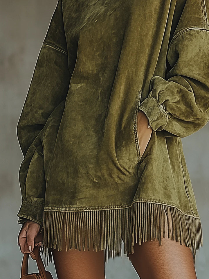 Valantomode | Chic Suede Dress with Turtleneck and Trendy Fringe