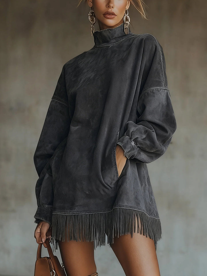 Valantomode | Chic Suede Dress with Turtleneck and Trendy Fringe