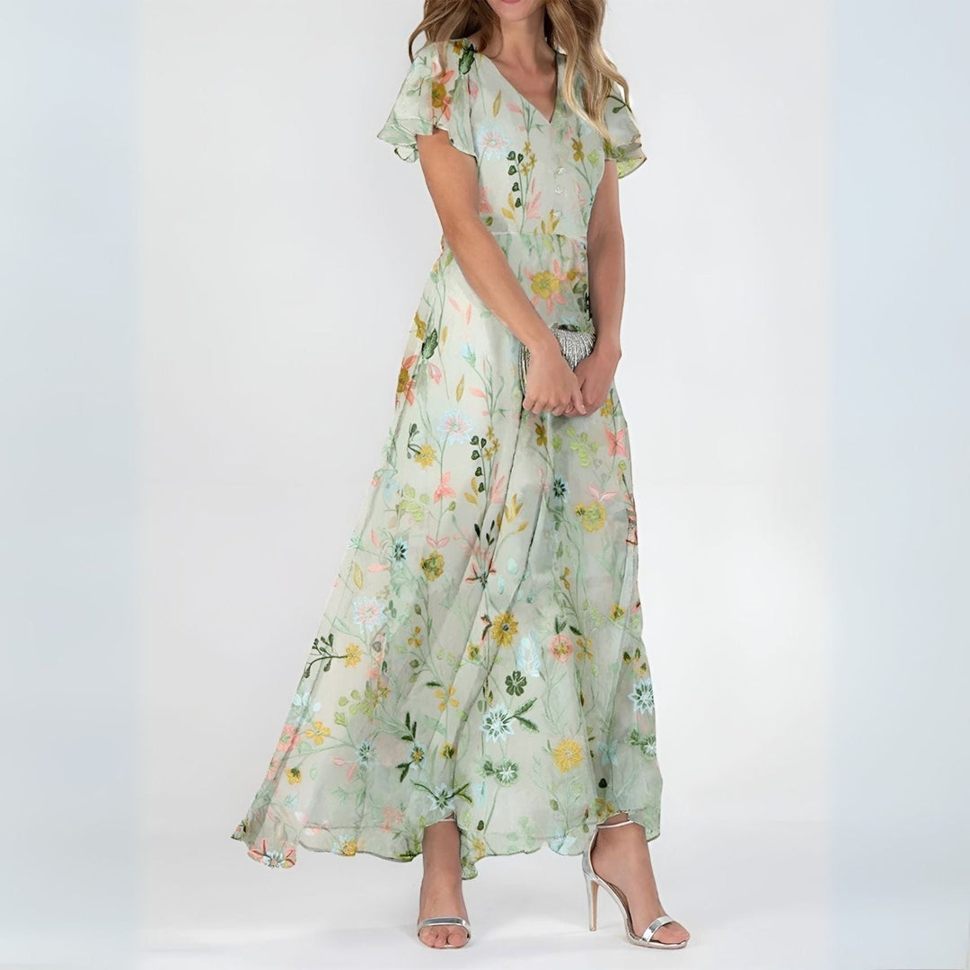 Valantomode | Beautiful Floral Maxi Dress with Flutter Sleeves for Women