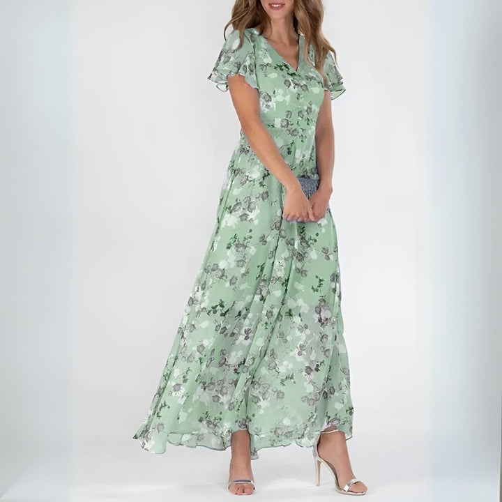 Valantomode | Beautiful Floral Maxi Dress with Flutter Sleeves for Women