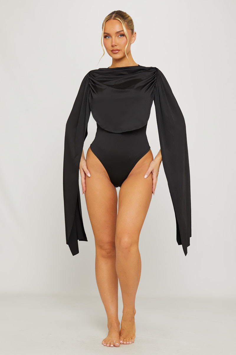 Valantomode | Chic Black Ruched Bodysuit with Draped Shoulders