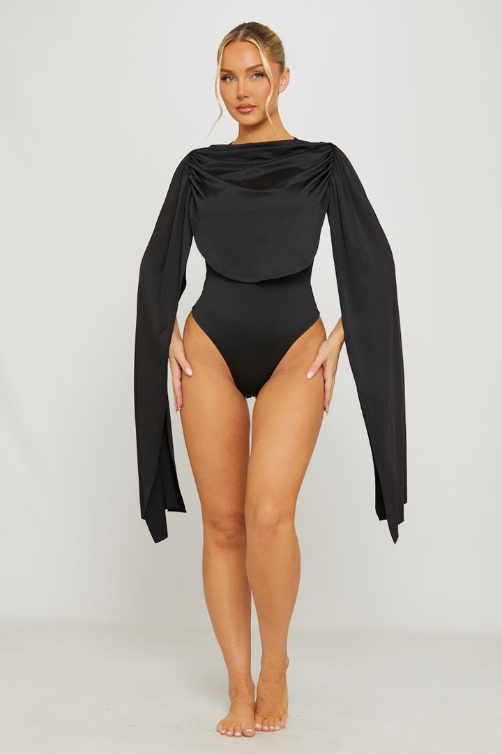 Valantomode | Chic Black Ruched Bodysuit with Draped Shoulders