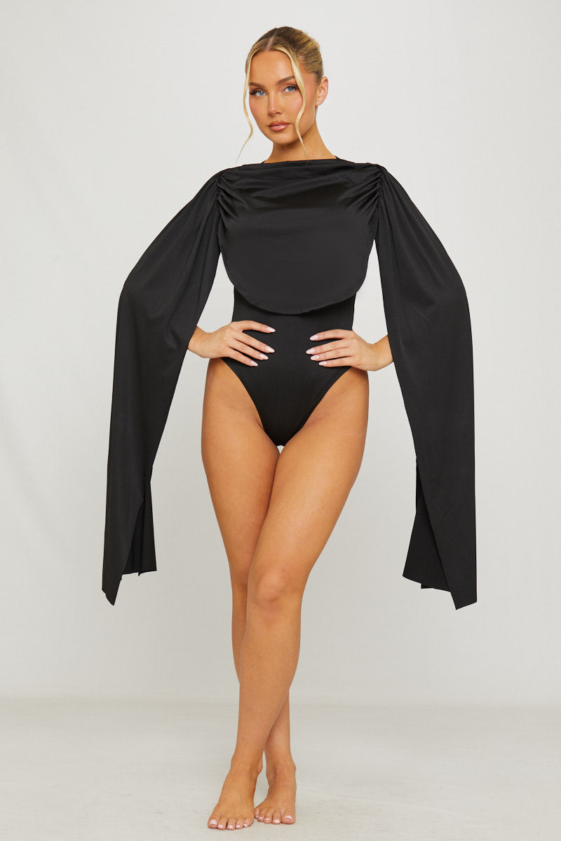 Valantomode | Chic Black Ruched Bodysuit with Draped Shoulders