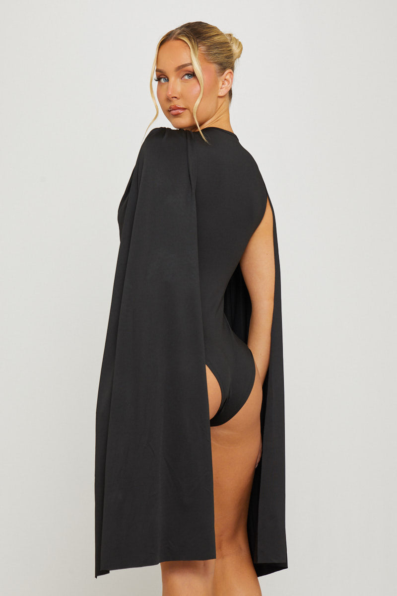 Valantomode | Chic Black Ruched Bodysuit with Draped Shoulders