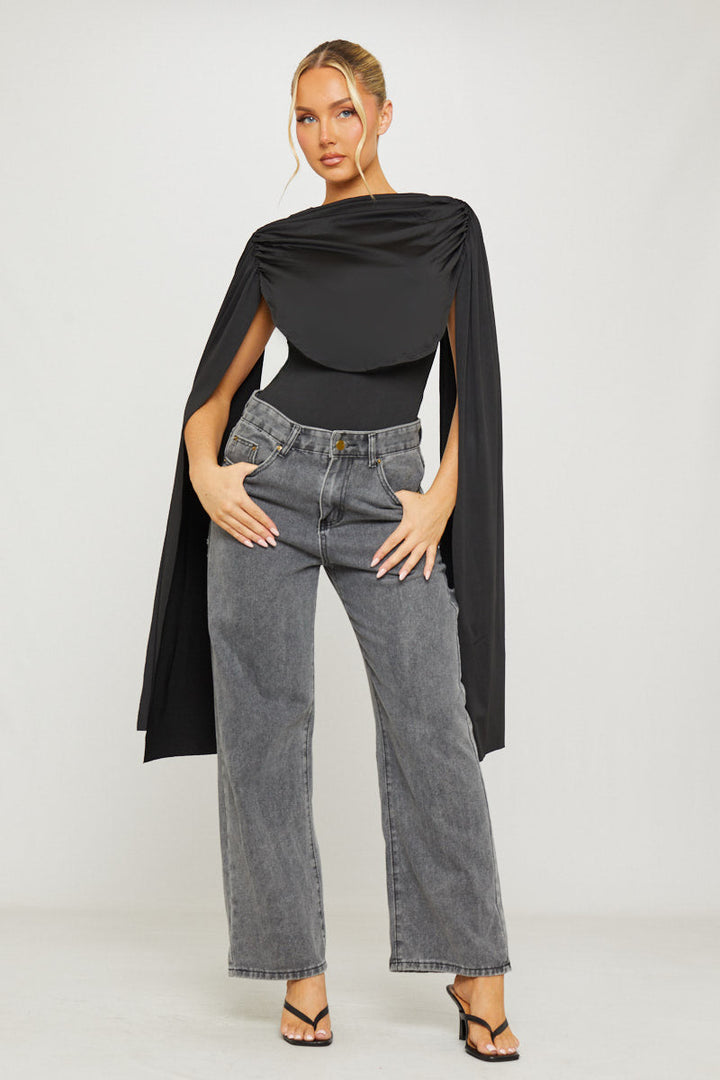 Valantomode | Chic Black Ruched Bodysuit with Draped Shoulders