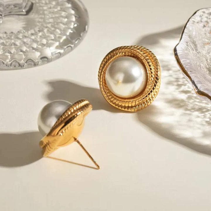 Valantomode | Heavyweight Plated Rope-Textured Earrings with Freshwater Pearl